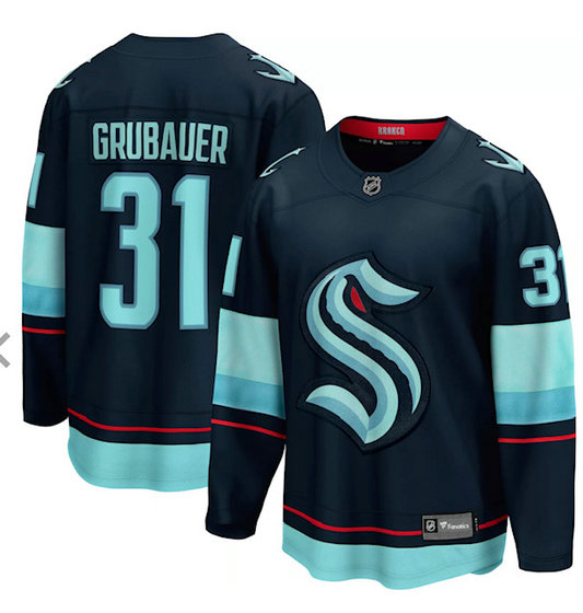 Men's Seattle Kraken #31 Paul Grubauer Navy Blue Adidas Stitched NHL Jersey