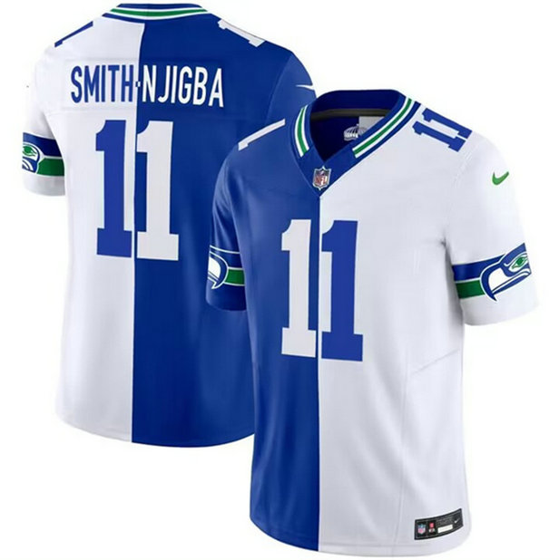 Men's Seattle Seahawks #11 Jaxon Smith-Njigba Royal White Split 2023 F.U.S.E. Throwback Vapor Limited Stitched Football Jersey