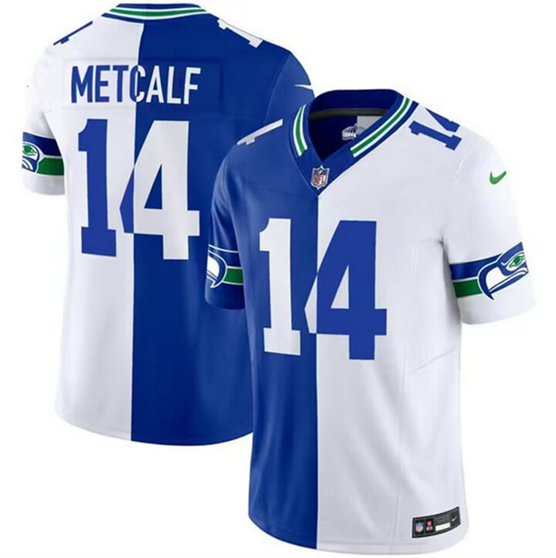 Men's Seattle Seahawks #14 D.K. Metcalf Royal White Split 2023 F.U.S.E. Throwback Vapor Limited Stitched Football Jersey