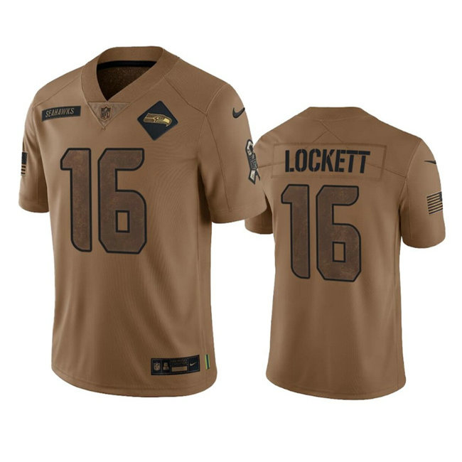 Men's Seattle Seahawks #16 Tyler Lockett 2023 Brown Salute To Service Limited Stitched Football Jersey