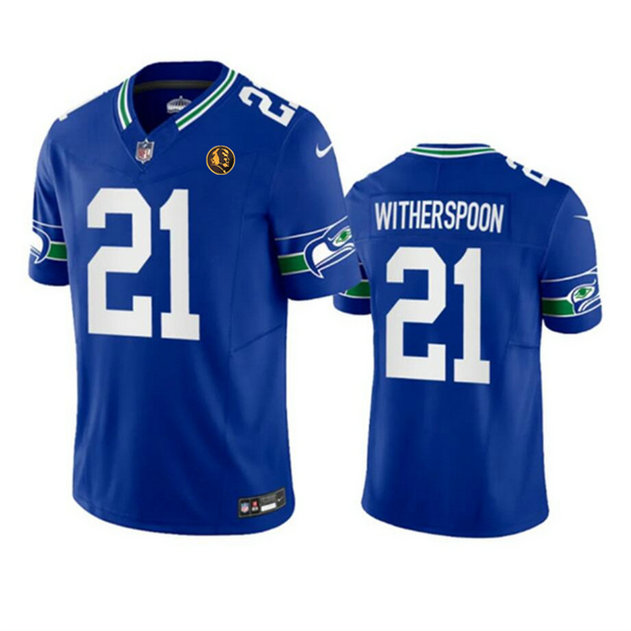 Men's Seattle Seahawks #21 Devon Witherspoon Royal 2023 F.U.S.E. Throwback With John Madden Patch Vapor Limited Stitched Football Jersey