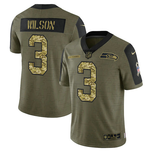 Men's Seattle Seahawks #3 Russell Wilson 2021 Olive Camo Salute To Service Limited Stitched Jersey