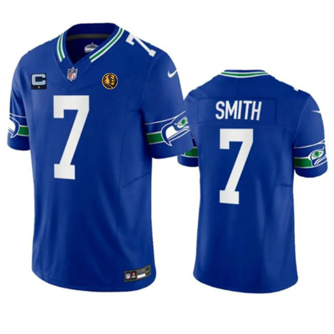Men's Seattle Seahawks #7 Geno Smith Blue 2023 F.U.S.E. Throwback With 1-Star C Patch And John Madden Patch Vapor Limited Stitched Football Jersey