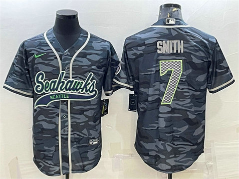 Men's Seattle Seahawks #7 Geno Smith Grey Camo With Patch Cool Base Stitched Baseball Jersey