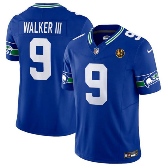 Men's Seattle Seahawks #9 Kenneth Walker III Royal 2023 F.U.S.E. Throwback With John Madden Patch Vapor Limited Stitched Football Jersey