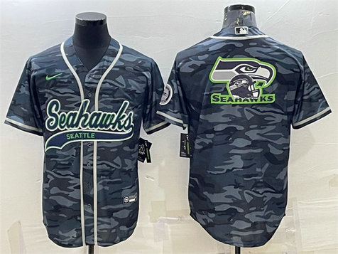 Men's Seattle Seahawks Grey Camo Team Big Logo With Patch Cool Base Stitched Baseball Jersey