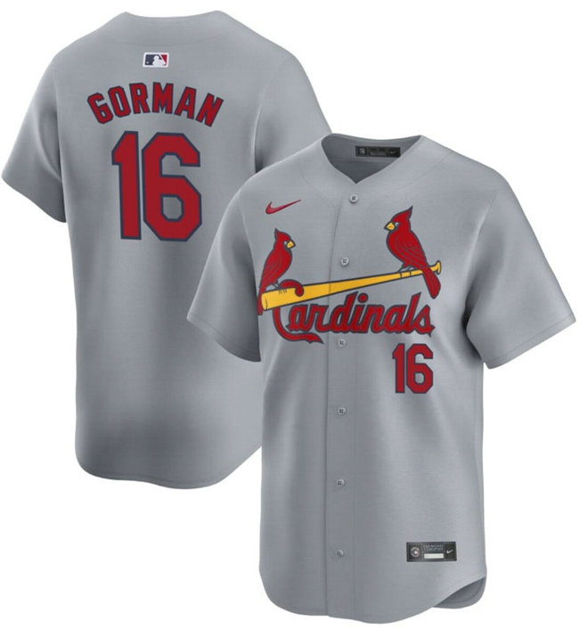 Men's St. Louis Cardinals #16 Nolan Gorman Grey 2024 Away Limited Stitched Baseball Jersey