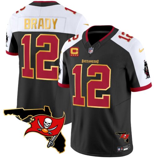 Men's Tampa Bay Buccaneers #12 Tom Brady Black White F.U.S.E. With 4-Star C Ptach And Florida Patch Gold Trim Vapor Stitched Jersey