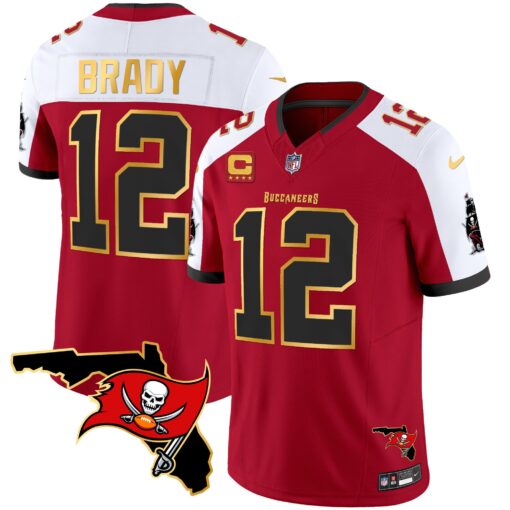 Men's Tampa Bay Buccaneers #12 Tom Brady Red White F.U.S.E. With 4-Star C Ptach And Florida Patch Gold Trim Vapor Stitched Jersey