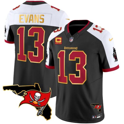 Men's Tampa Bay Buccaneers #13 Mike Evans Black White F.U.S.E. With 4-Star C Ptach And Florida Patch Gold Trim Vapor Stitched Jersey