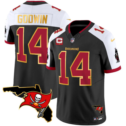 Men's Tampa Bay Buccaneers #14 Chris Godwin Black White F.U.S.E. With 1-Star C Ptach And Florida Patch Gold Trim Vapor Stitched Jersey