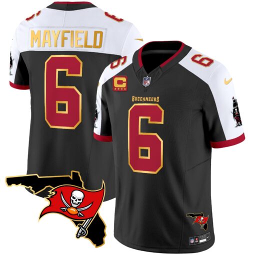 Men's Tampa Bay Buccaneers #6 Baker Mayfield Black White F.U.S.E. With 4-Star C Ptach And Florida Patch Gold Trim Vapor Stitched Jersey