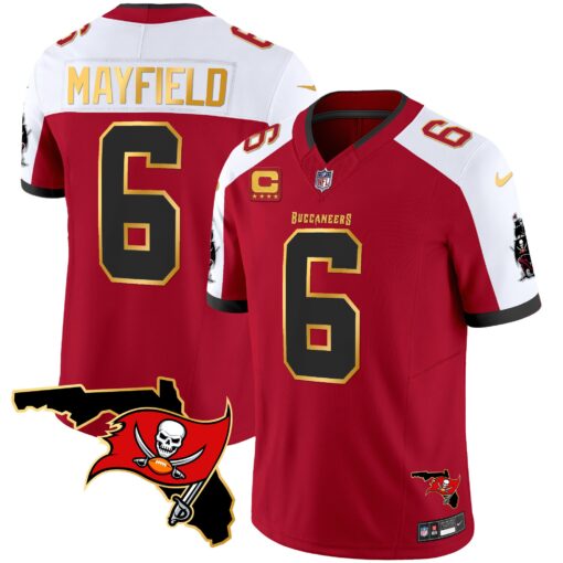 Men's Tampa Bay Buccaneers #6 Baker Mayfield Red White F.U.S.E. With 4-Star C Ptach And Florida Patch Gold Trim Vapor Stitched Jersey