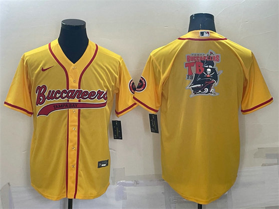 Men's Tampa Bay Buccaneers Yellow Team Big Logo With Patch Cool Base Stitched Baseball Jersey