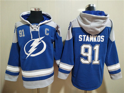 Men's Tampa Bay Lightning #91 Steven Stamkos Blue Ageless Must-Have Lace-Up Pullover Hoodie