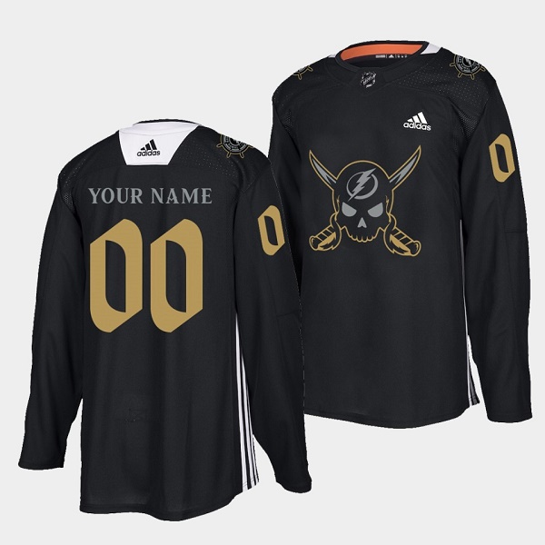 Men's Tampa Bay Lightning Customized Black Gasparilla Inspired Pirate-Themed Warmup Stitched Jersy