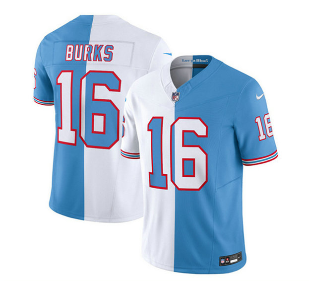 Men's Tennessee Titans #16 Treylon Burks White Blue 2023 F.U.S.E. Split Vapor Limited Throwback Stitched Football Jersey