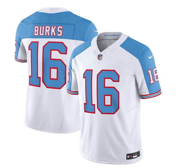 Men's Tennessee Titans #16 Treylon Burks White Blue 2023 F.U.S.E. Vapor Limited Throwback Stitched Football Jersey