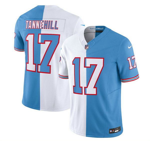 Men's Tennessee Titans #17 Ryan Tannehill White Blue 2023 F.U.S.E. Split Vapor Limited Throwback Stitched Football Jersey