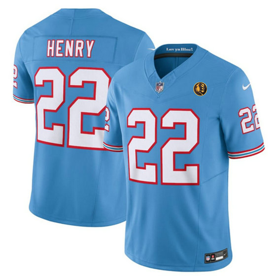 Men's Tennessee Titans #22 Derrick Henry Blue 2023 F.U.S.E. Throwback With John Madden Patch Vapor Limited Stitched Football Jersey