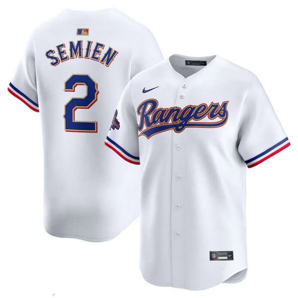 Men's Texas Rangers #2 Marcus Semien White 2024 Gold Collection Cool Base Stitched Baseball Jersey