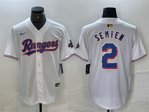 Men's Texas Rangers #2 Marcus Semien White Gold Cool Base Stitched Baseball Jersey