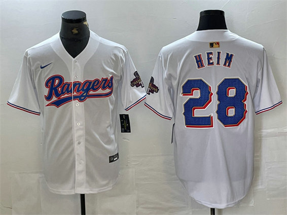 Men's Texas Rangers #28 Jonah Heim White Gold Cool Base Stitched Baseball Jersey
