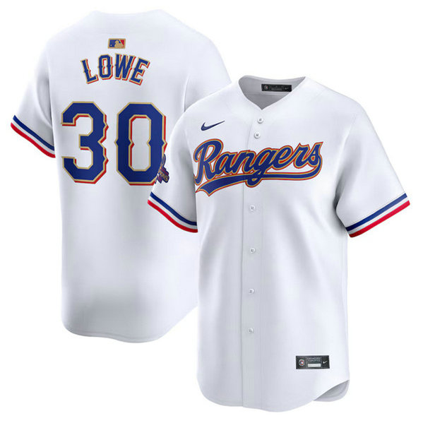 Men's Texas Rangers #30 Nathaniel Lowe White 2024 Gold Collection Cool Base Stitched Baseball Jersey