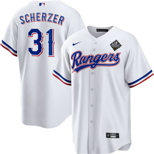 Men's Texas Rangers #31 Max Scherzer 2023 White World Series Stitched Baseball Jersey