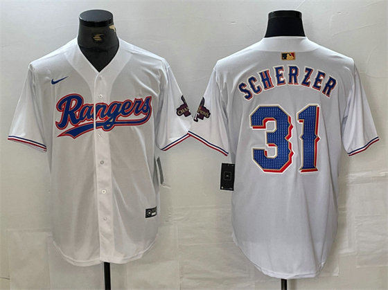 Men's Texas Rangers #31 Max Scherzer White Gold Cool Base Stitched Baseball Jersey