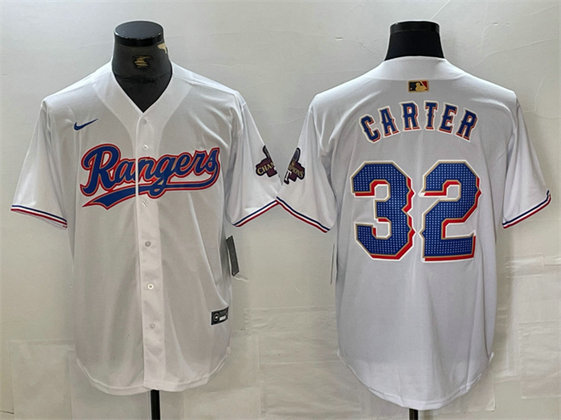 Men's Texas Rangers #32 Evan Carter White Gold Cool Base Stitched Baseball Jersey