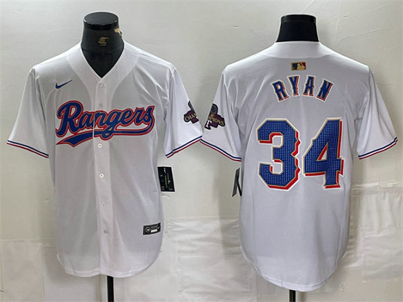 Men's Texas Rangers #34 Nolan Ryan White Gold Cool Base Stitched Baseball Jersey