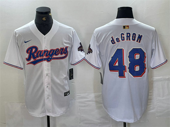 Men's Texas Rangers #48 Jacob DeGrom White Gold Cool Base Stitched Baseball Jersey