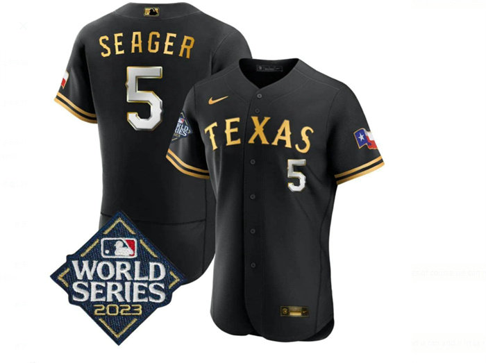 Men's Texas Rangers #5 Corey Seager Black Gold 2023 World Series Flex Base Stitched Baseball Jersey1