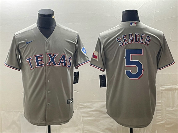 Men's Texas Rangers #5 Corey Seager Grey With Patch Cool Base Stitched Baseball Jersey