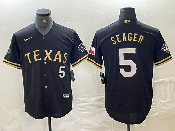 Men's Texas Rangers #5 Corey Seager Number Black Gold Cool Base jerseys
