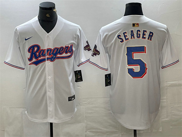 Men's Texas Rangers #5 Corey Seager White Gold Cool Base Stitched Baseball Jersey