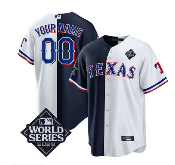 Men's Texas Rangers & Cowboys Active Player Custom Navy White Splite 2023 World Series Splite Stitched Baseball Jersey