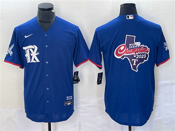 Men's Texas Rangers Royal 2023 World Series Champions Big Logo Cool Base Stitched Baseball JerseyS