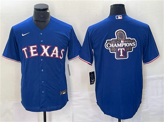 Men's Texas Rangers Royal 2023 World Series Champions Big Logo Cool Base Stitched Baseball JerseySS