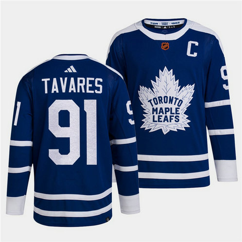 Men's Toronto Maple Leafs Black #91 John Tavares Blue 2022 Reverse Retro Stitched Jersey