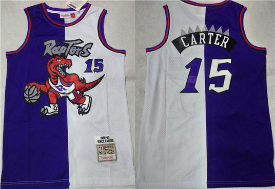 Men's Toronto Raptors #15 Vince Carter Purple White Splite Throwback Stitched Jersey