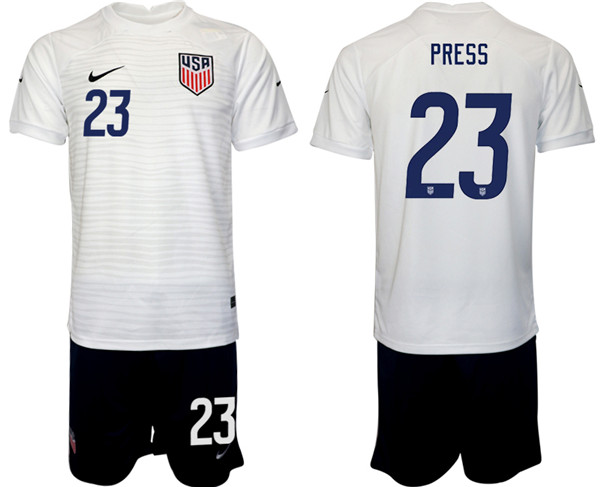 Men's United States #23 Press White Home Soccer Jersey Suit