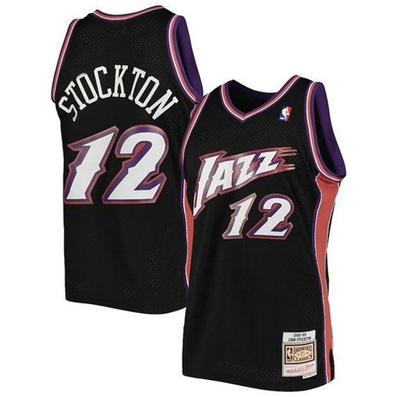Men's Utah Jazz #12 John Stockton Black 1998-99 Mitchell & Ness Swingman Stitched Jersey