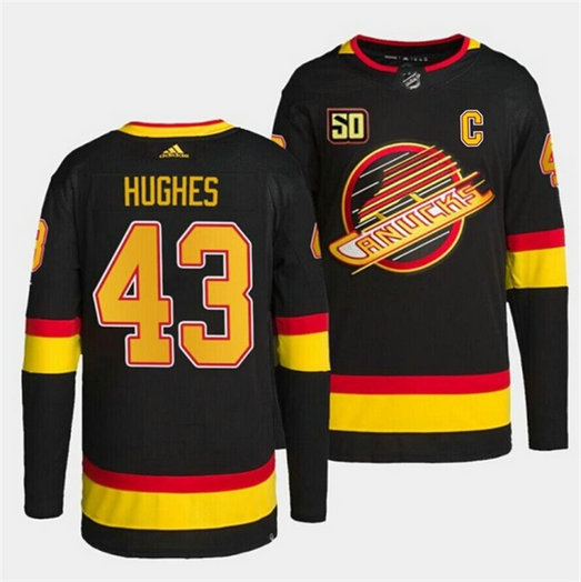 Men's Vancouver Canucks #43 Quinn Hughes Black Retro With 50th Anniversary Patch Stitched Jersey