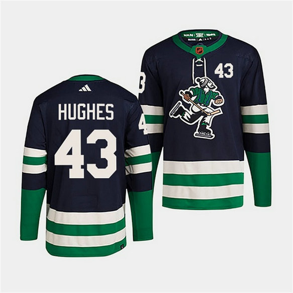 Men's Vancouver Canucks #43 Quinn Hughes Navy 2022 Reverse Retro Stitched Jersey