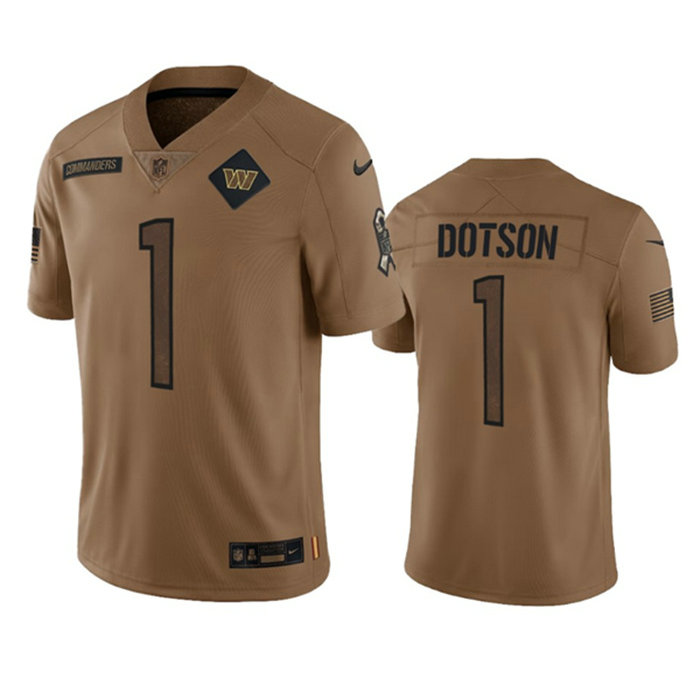 Men's Washington Commanders #1 Jahan Dotson 2023 Brown Salute To Service Limited Stitched Football Jersey