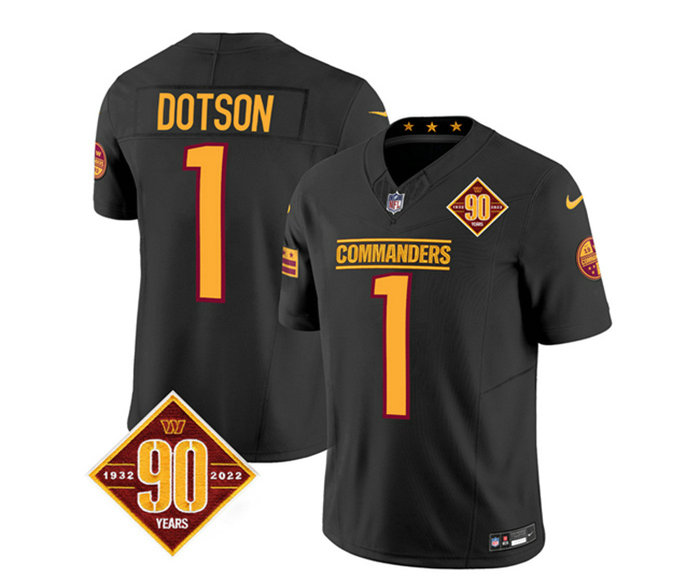 Men's Washington Commanders #1 Jahan Dotson Black 2023 F.U.S.E. 90th Anniversary Vapor Limited Stitched Football Jersey
