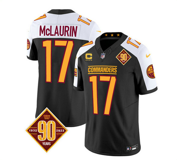 Men's Washington Commanders #17 Terry McLaurin Black White 2023 F.U.S.E. With 4-Star C Patch 90th Anniversary Vapor Limited Stitched Football Jersey