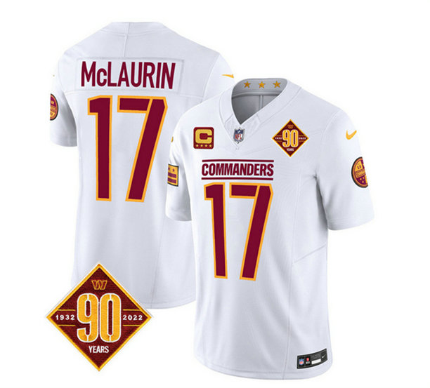Men's Washington Commanders #17 Terry McLaurin White 2023 F.U.S.E. With 4-Star C Patch 90th Anniversary Vapor Limited Stitched Football Jersey